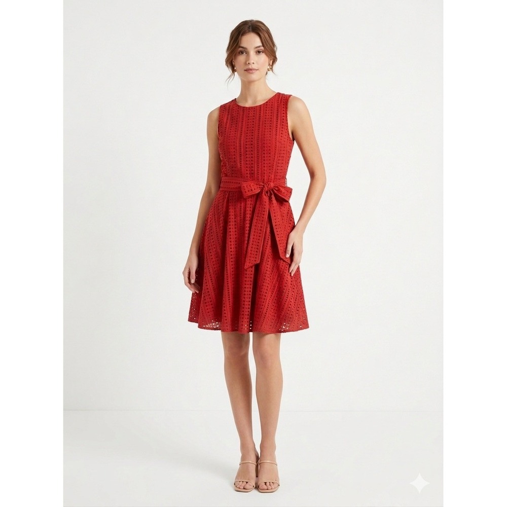 Amour Vert Eyelet Lace Midi Dress Sleeveless Fit & Flare Red Size M